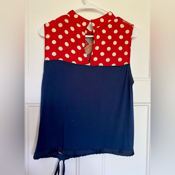 ANTHROPOLOGIE top, mixed fabric, satin ribbon details, red polka dot, navy. - Picture 2 of 10
